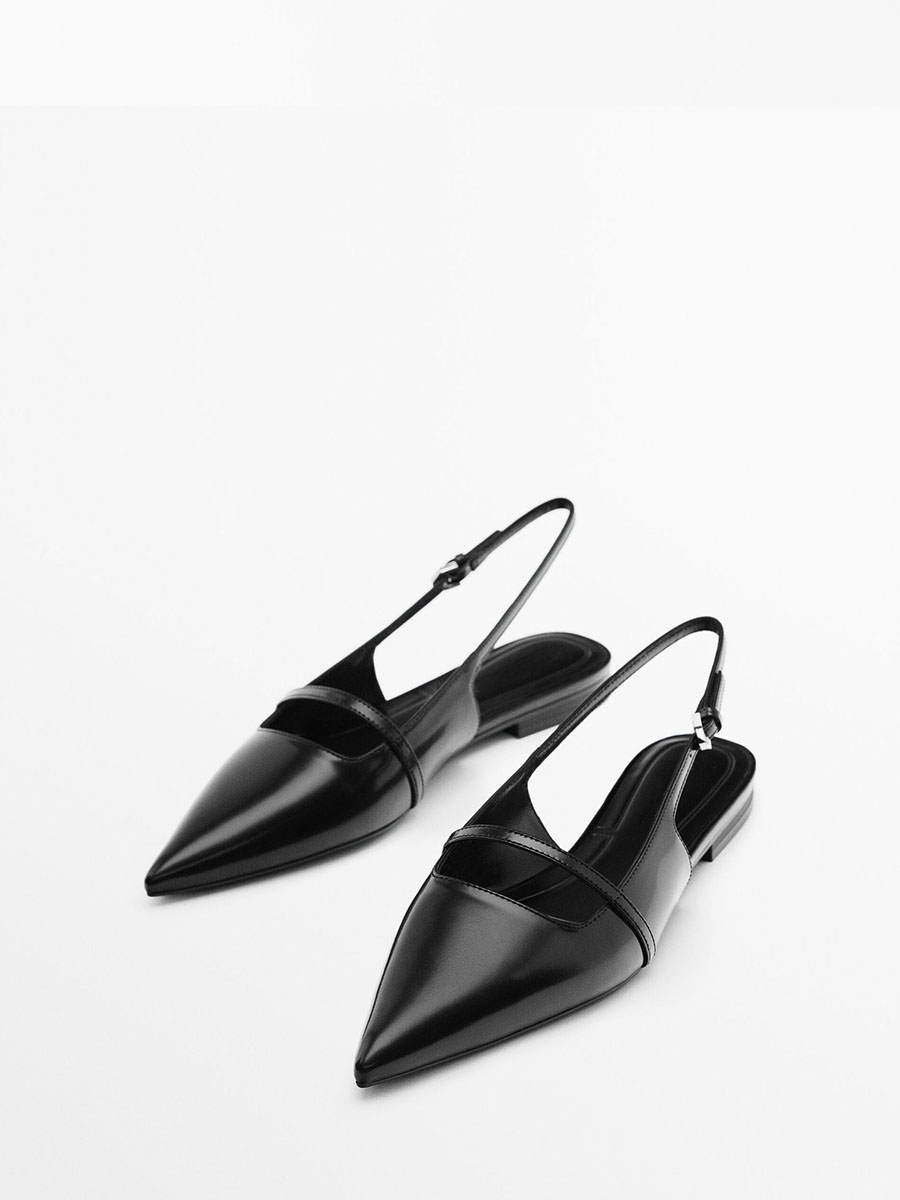 Women’s Black Matte Microfiber Slingback Buckle Pointed Toe Flat Heels Sandals (2)