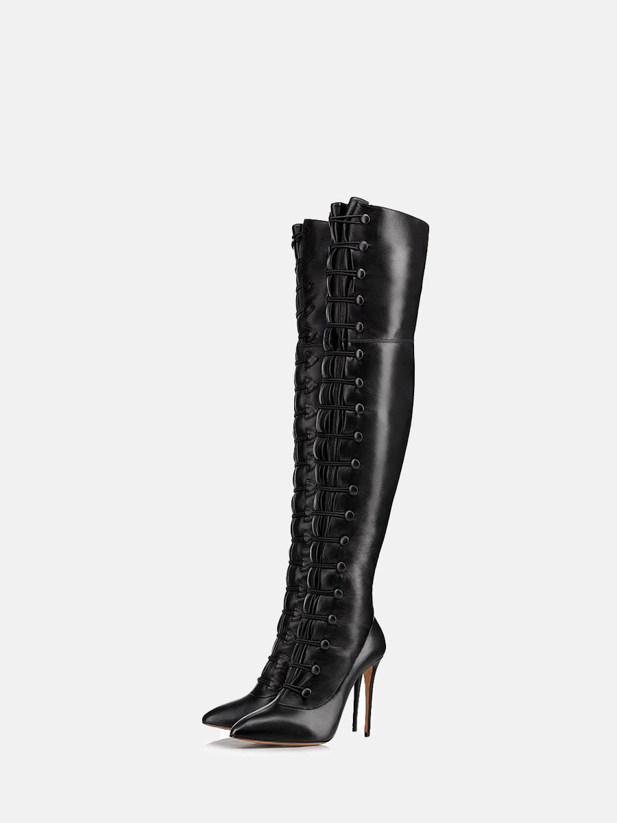 Women’s Black Matte PU Side Zipper Lace-Up Pointed Toe Stiletto Heels Over the Knee Boots (1)