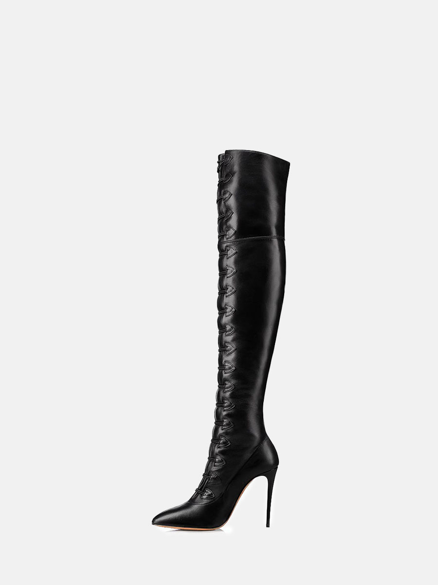 Women’s Black Matte PU Side Zipper Lace-Up Pointed Toe Stiletto Heels Over the Knee Boots