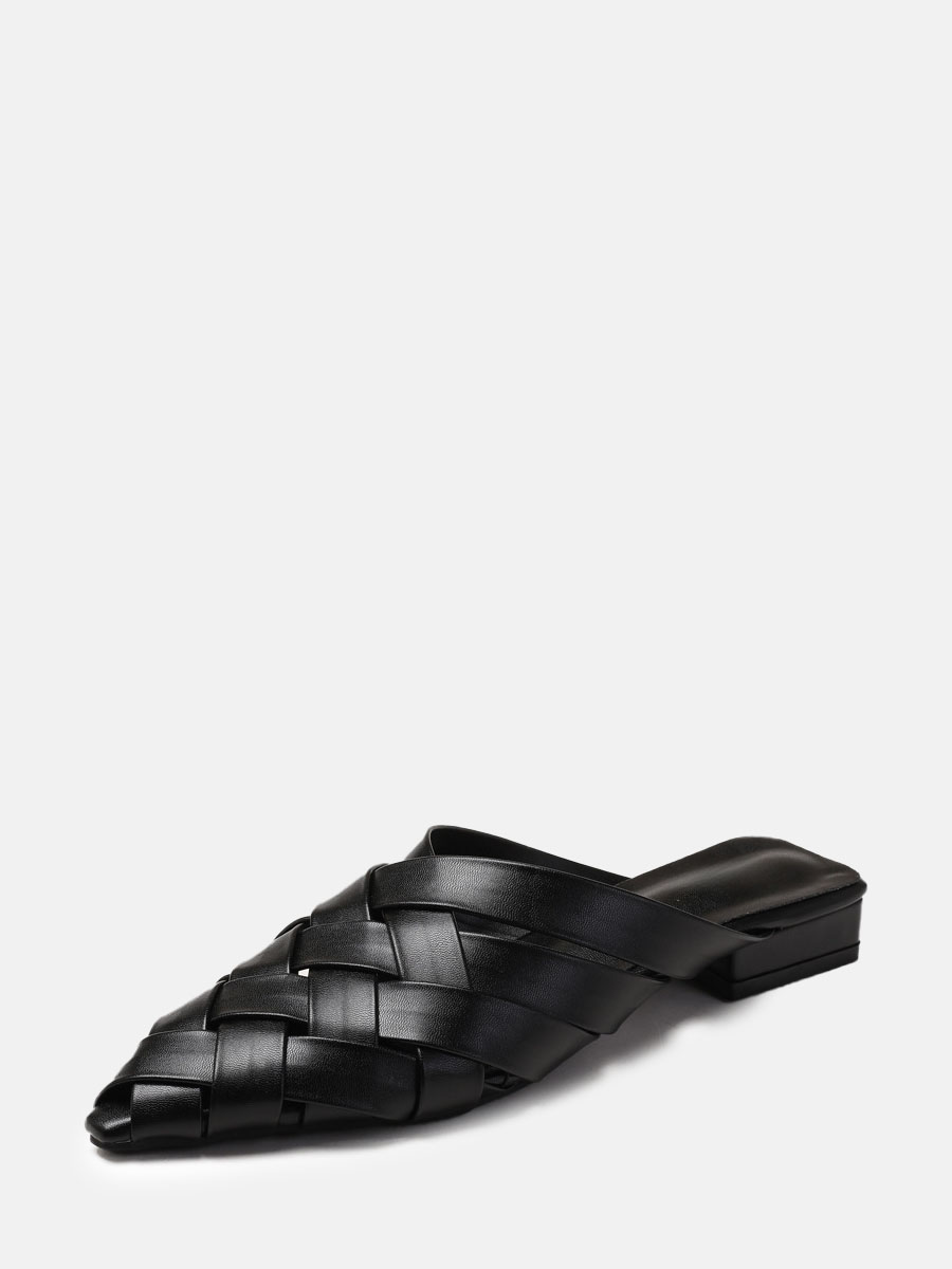 Women’s Black Woven PU Pointed Toe Block Heels Mules