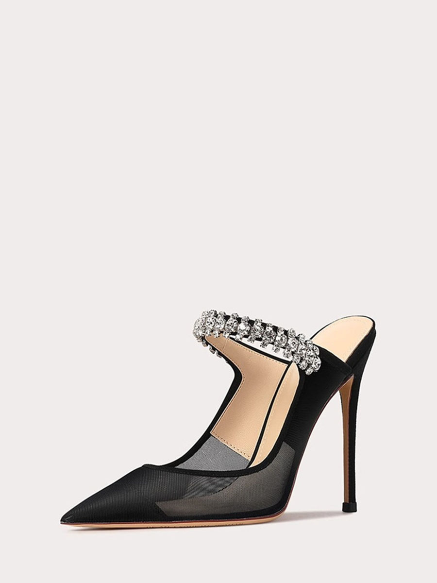 Women’s Black Mesh Rhinestone Strap Stiletto Pointed Toe Heels Mules (2)