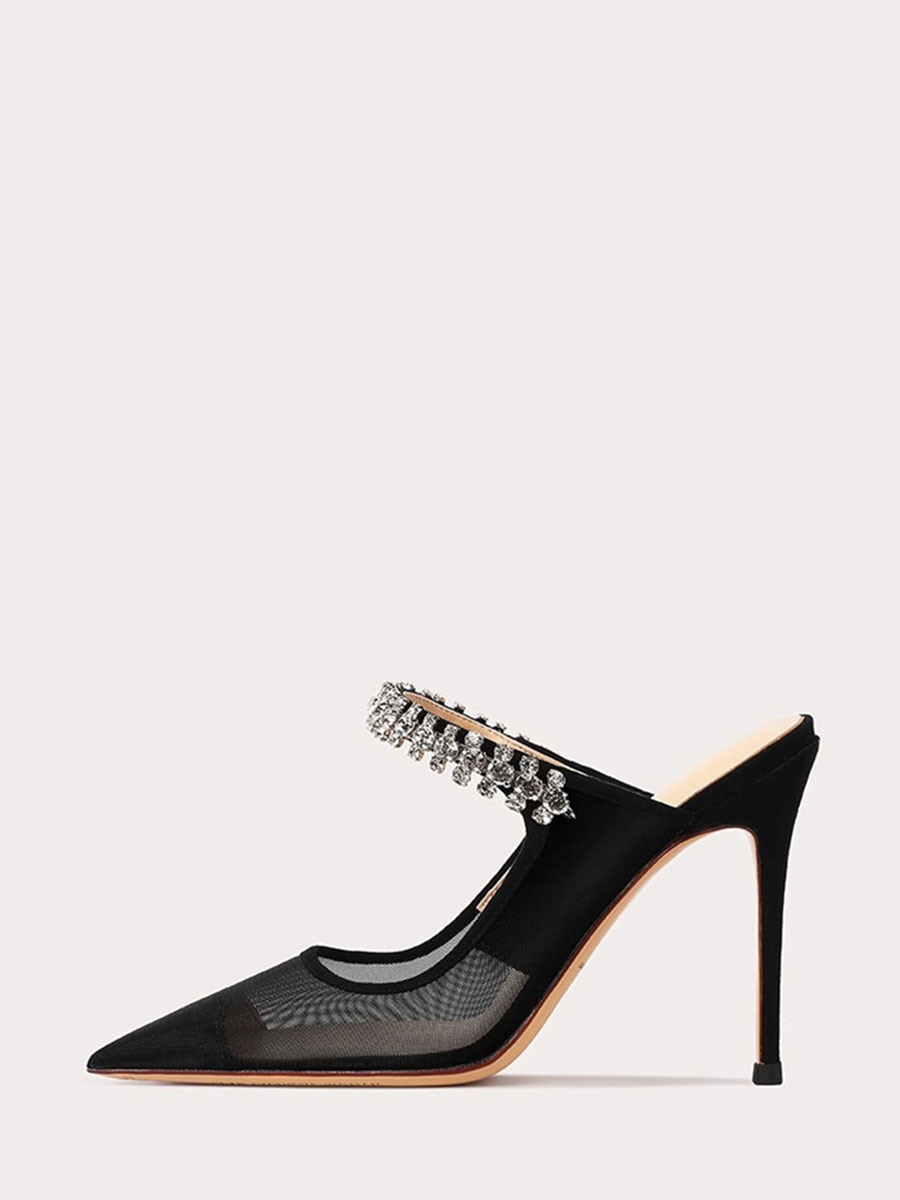 Women’s Black Mesh Rhinestone Strap Stiletto Pointed Toe Heels Mules