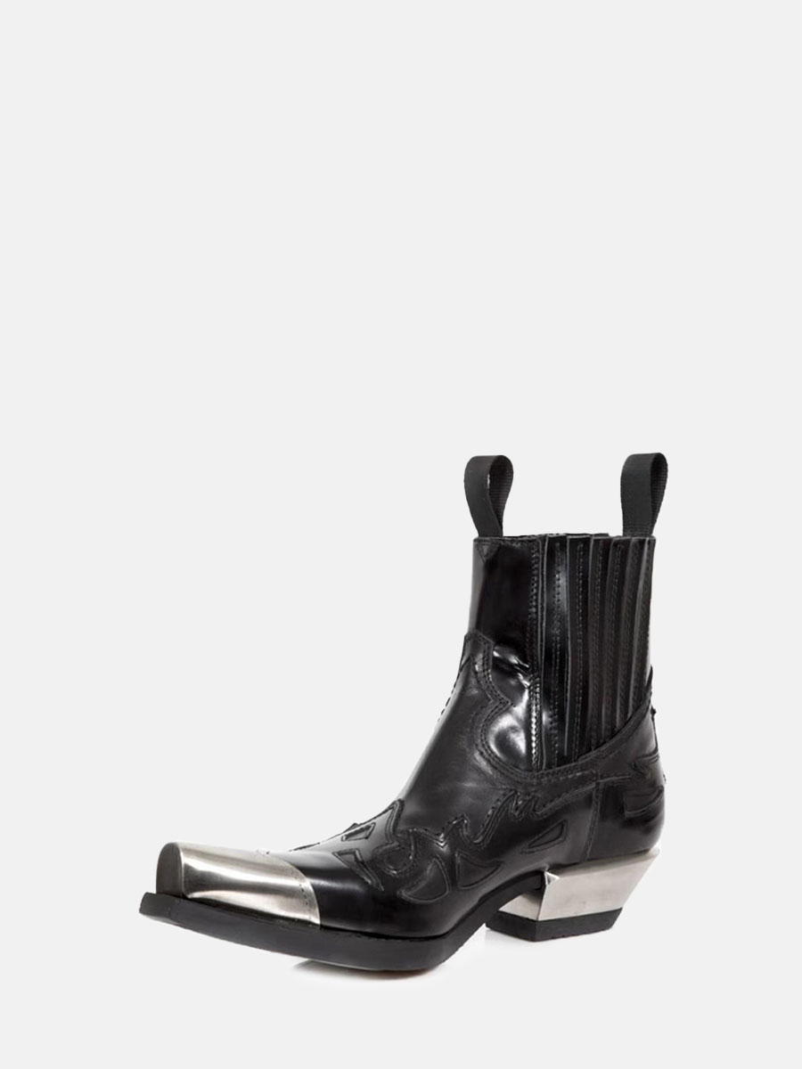 Women’s Black Microfiber Chelsea Pointed Toe Metal Block Heels Ankle Boots (1)