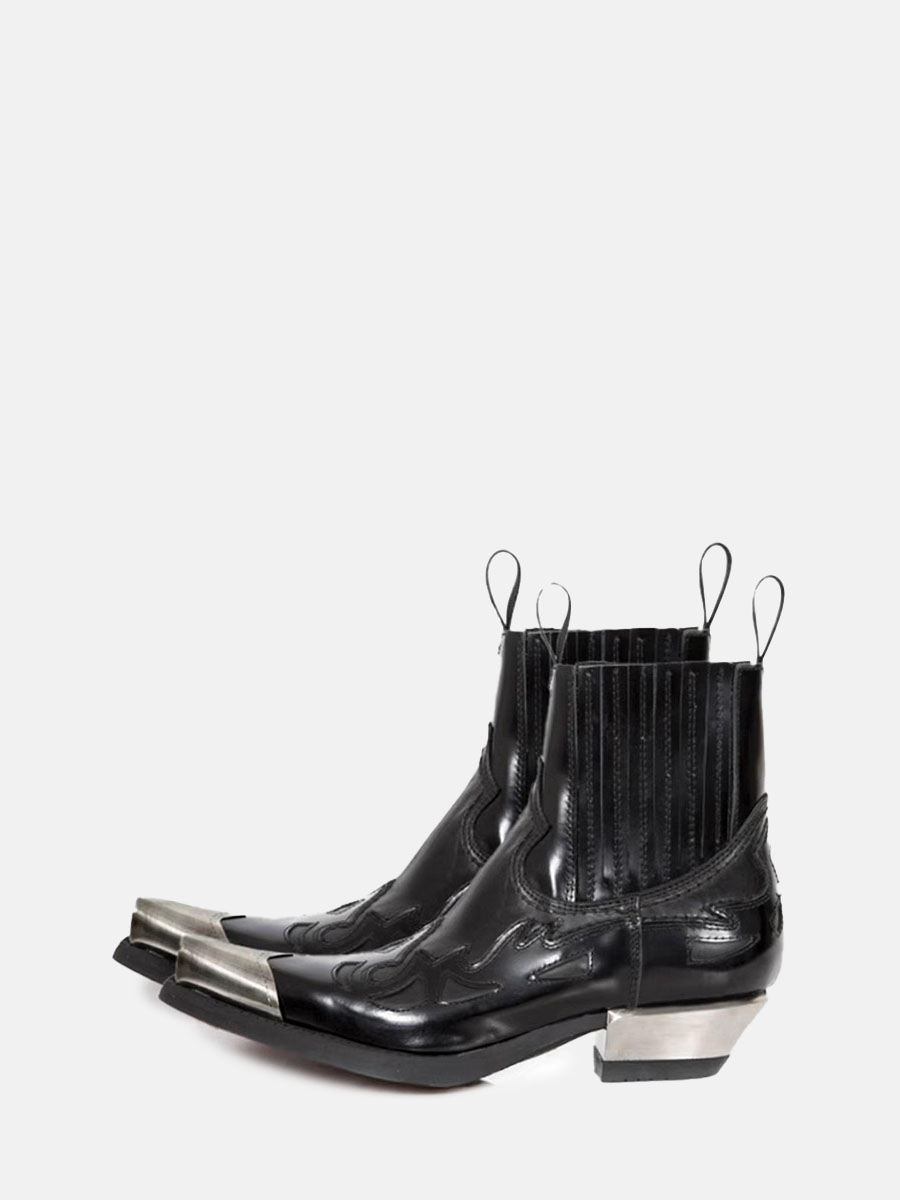 Women’s Black Microfiber Chelsea Pointed Toe Metal Block Heels Ankle Boots