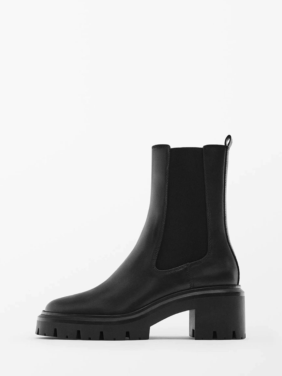 Women’s Black Microfiber Chunky Heels Round Toe Lug Sole Platform Heels Ankle Chelsea Boots