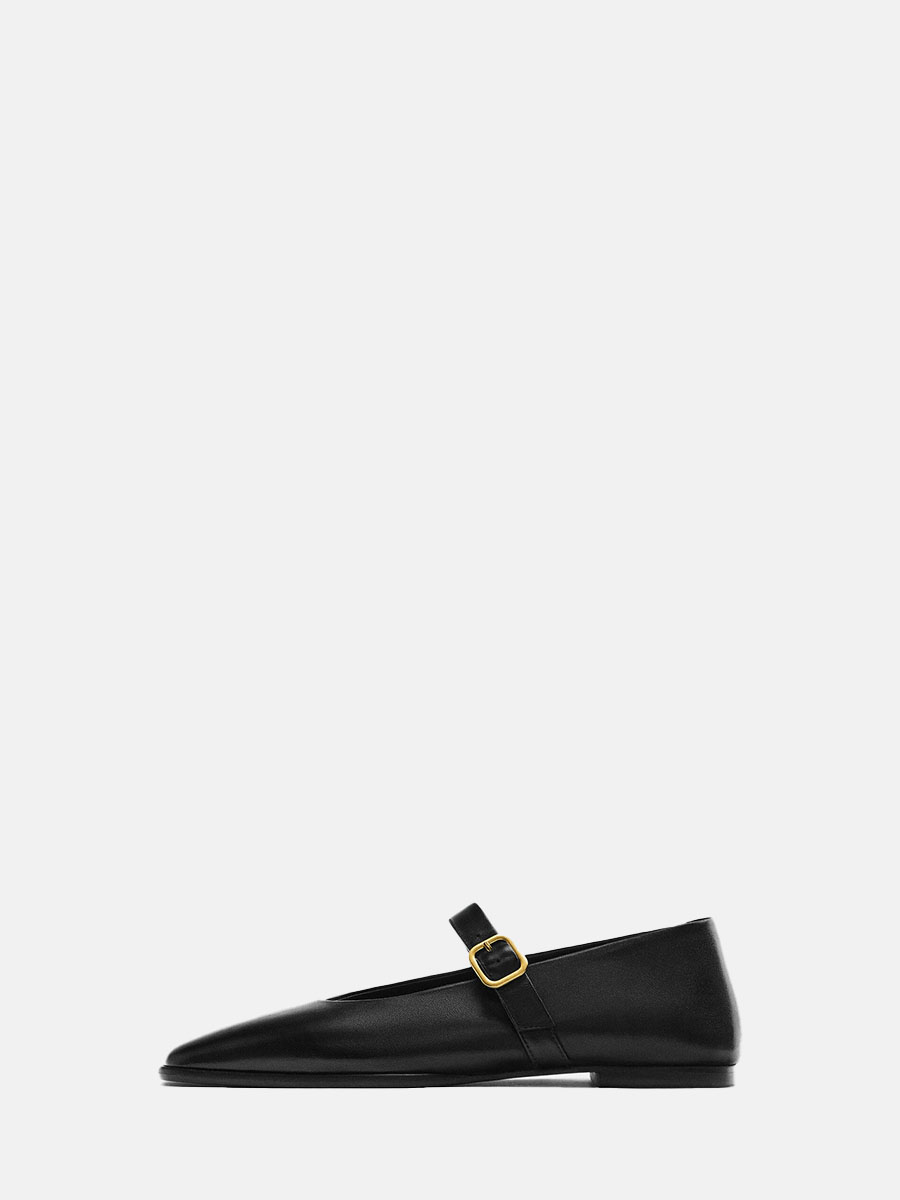 Women’s Black Microfiber Mary Jane Square Toe Buckle Flat Ballet Heels