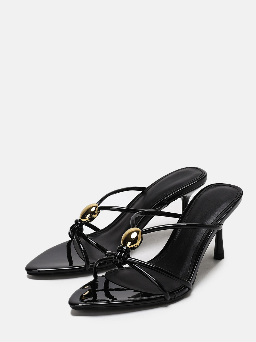 Women’s Black Mirror Synthetic Leather Metal Design Cut-Out Stiletto Heels Open Toe Sandals (1)