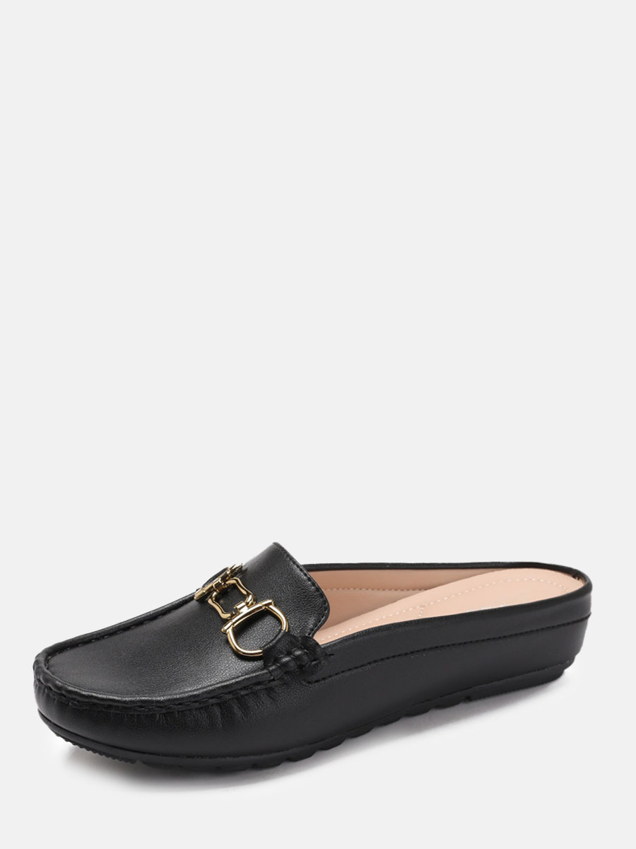 Women’s Black PU Buckle Round Toe Flat Heels Loafers Mules