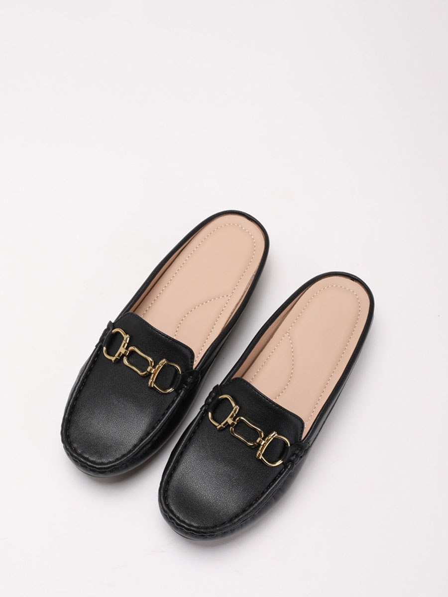 Women’s Black PU Buckle Round Toe Flat Heels Loafers Mules (2)