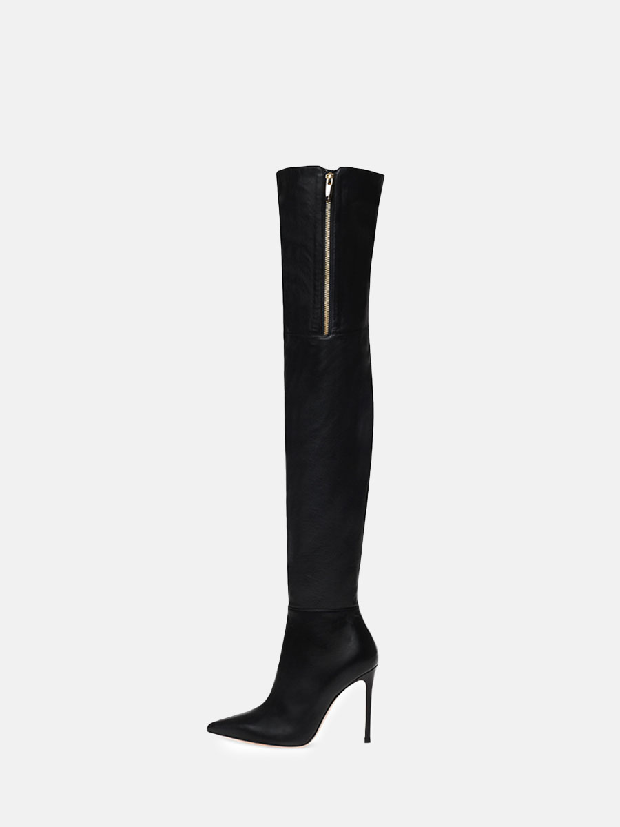Women’s Black PU Side Zipper Pointed Toe Stiletto Heels Thigh High Boots