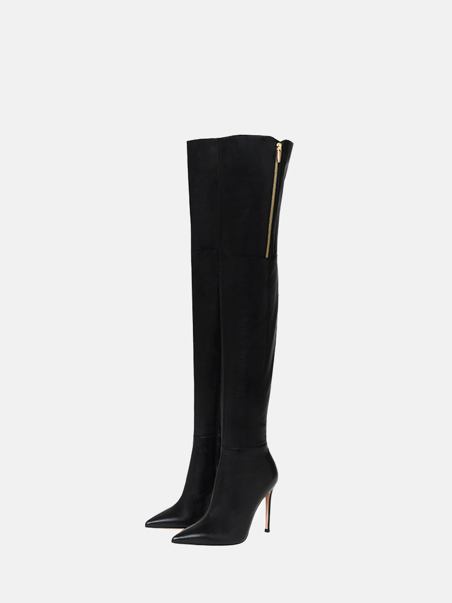 Women’s Black PU Side Zipper Pointed Toe Stiletto Heels Thigh High Boots (4)