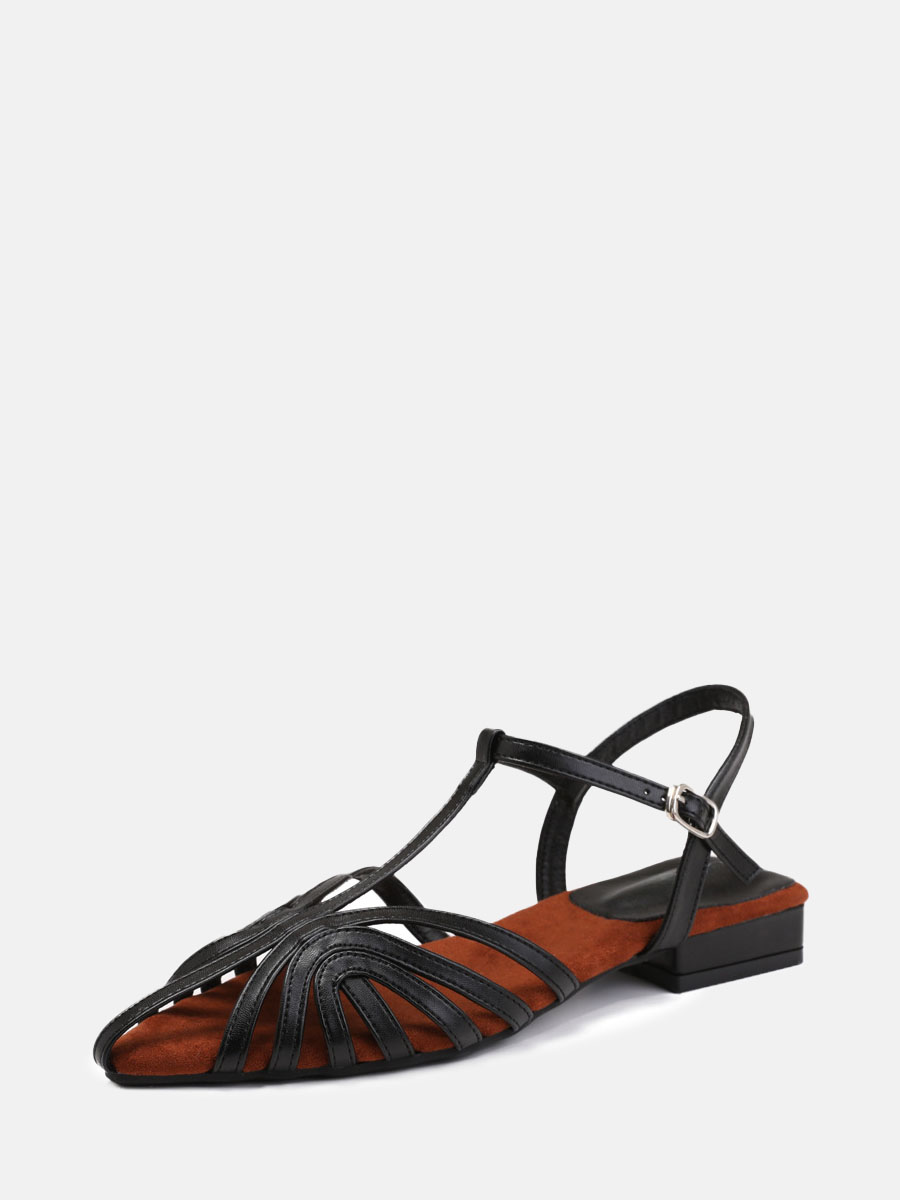 Women’s Black PU Strappy T-Strap Buckle Low Block Heels Pointed Toe Gladiator Sandals