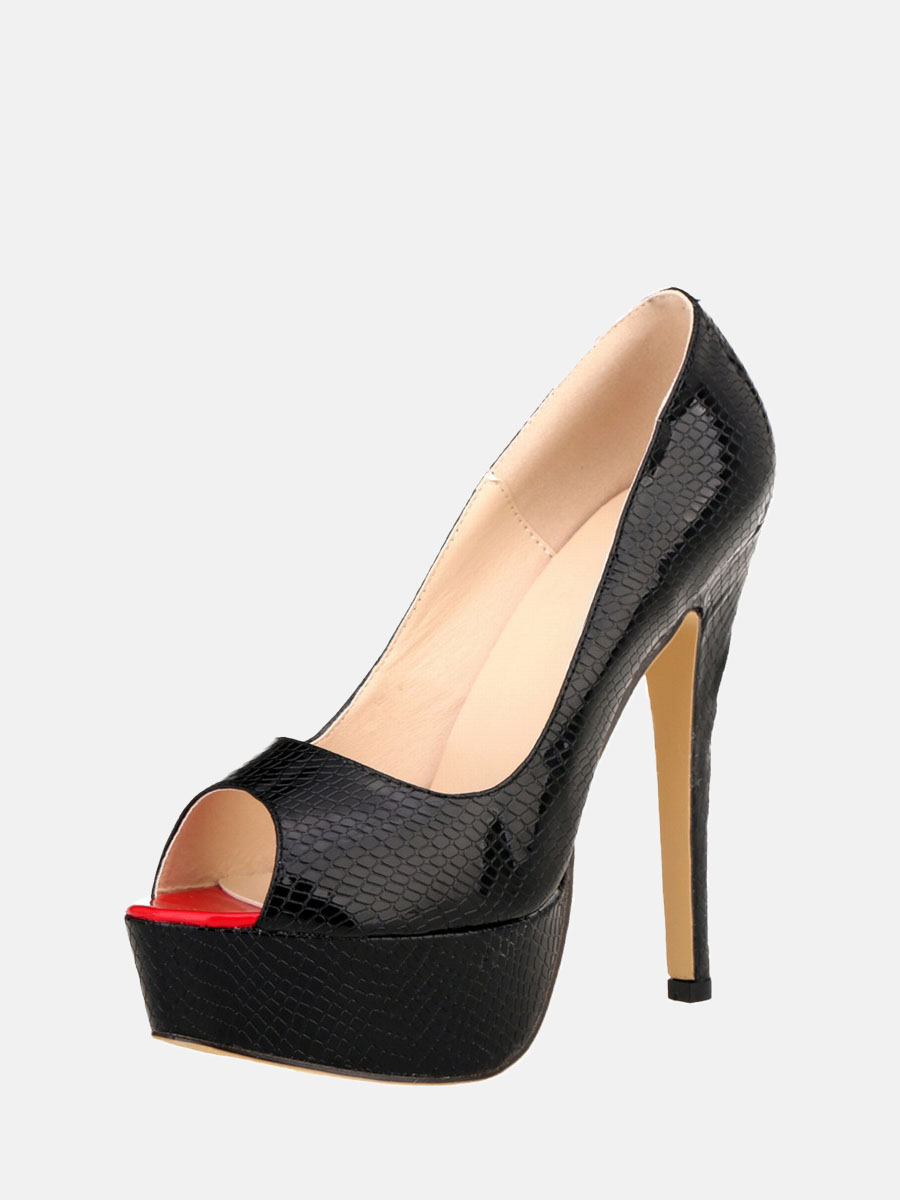 Women’s Black Patent PU Crocodile Embossed Peep Toe Platform Stiletto Heels Wedding Pumps (2)