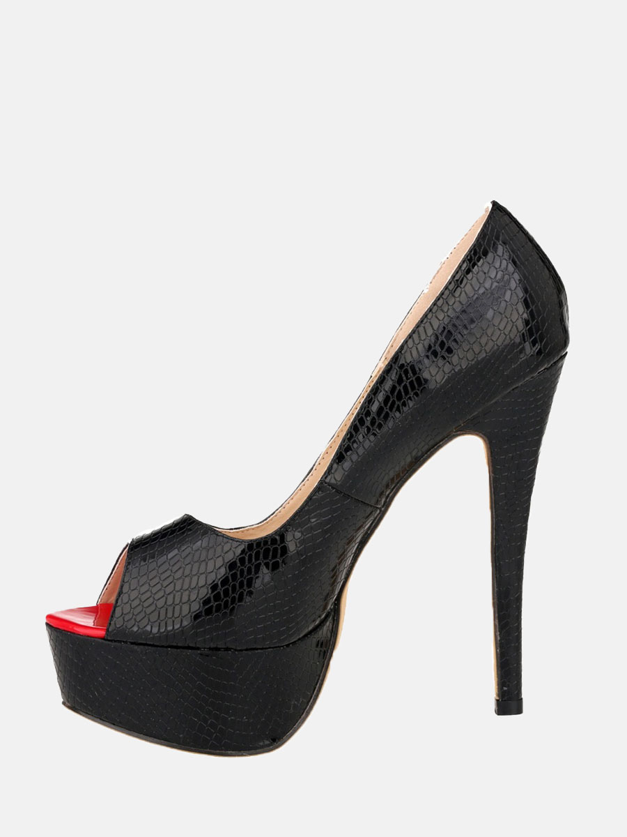 Women’s Black Patent PU Crocodile Embossed Peep Toe Platform Stiletto Heels Pumps