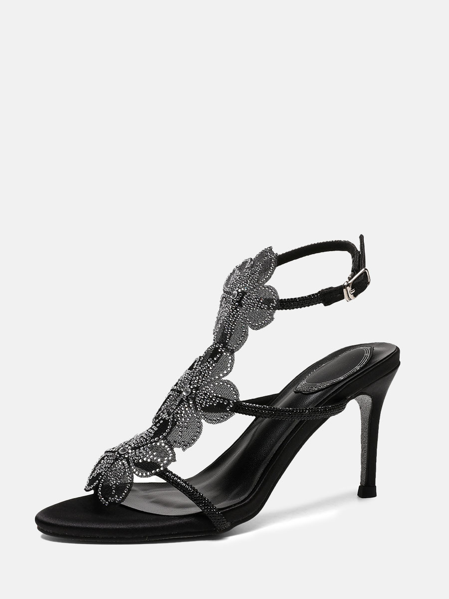 Women’s Black Rhinestones Floral Microfiber Buckle Ankle Strap Stiletto Heels Open Toe Sandals