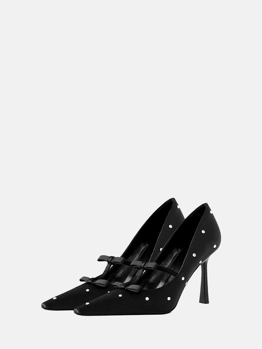 Women’s Black Satin Rhinestones Bows Strap Stiletto Heels Pointed Toe Pumps (4)