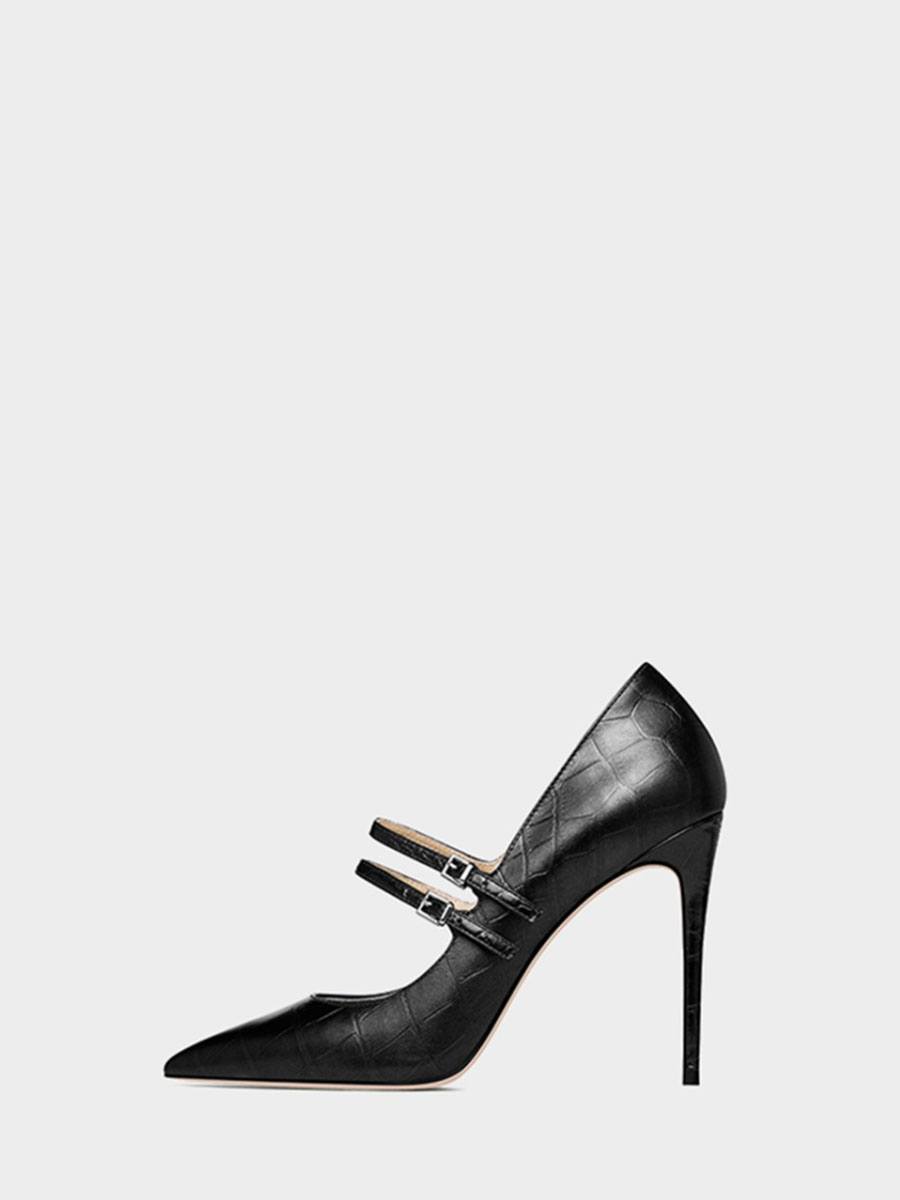 Women’s Black Snake Print PU Double Buckle Strap Pointed Toe Stiletto Heels Pumps