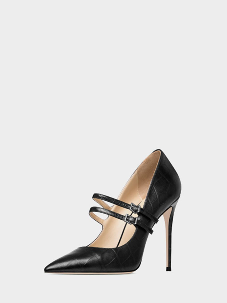 Women’s Black Snake Print PU Double Buckle Strap Pointed Toe Stiletto Heels Pumps (2)