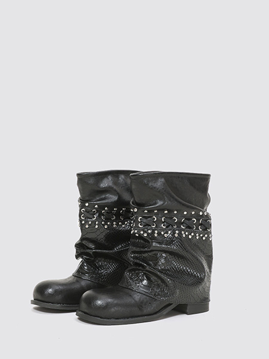 Women’s Black Snakeskin Embossed Cowhide Studded Round Toe Block Heels Slouchy Mid Calf Boots