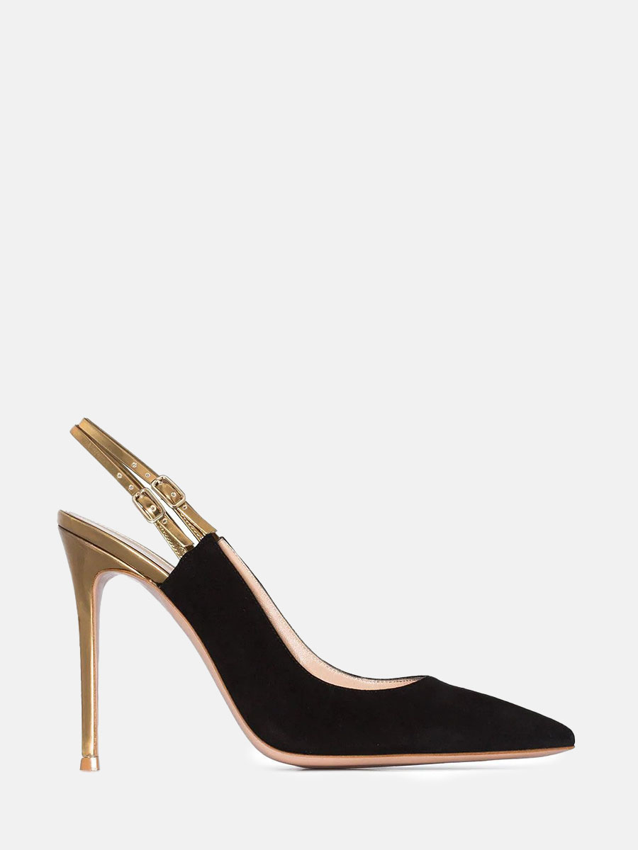 Women’s Black Suede Double Buckle Pointed Toe Slingback Stiletto Heels Pumps (1)