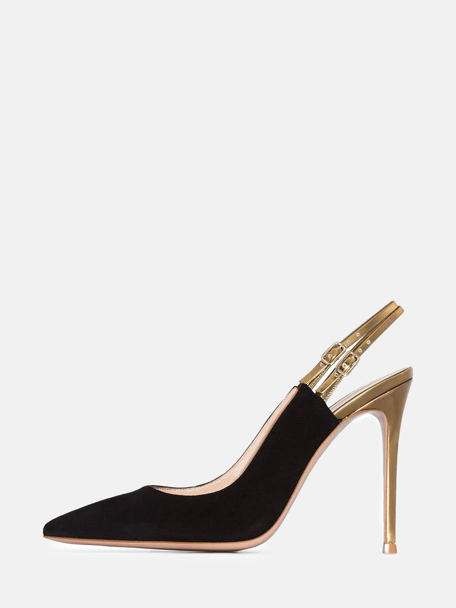 Women’s Black Suede Double Buckle Pointed Toe Slingback Stiletto Heels Pumps