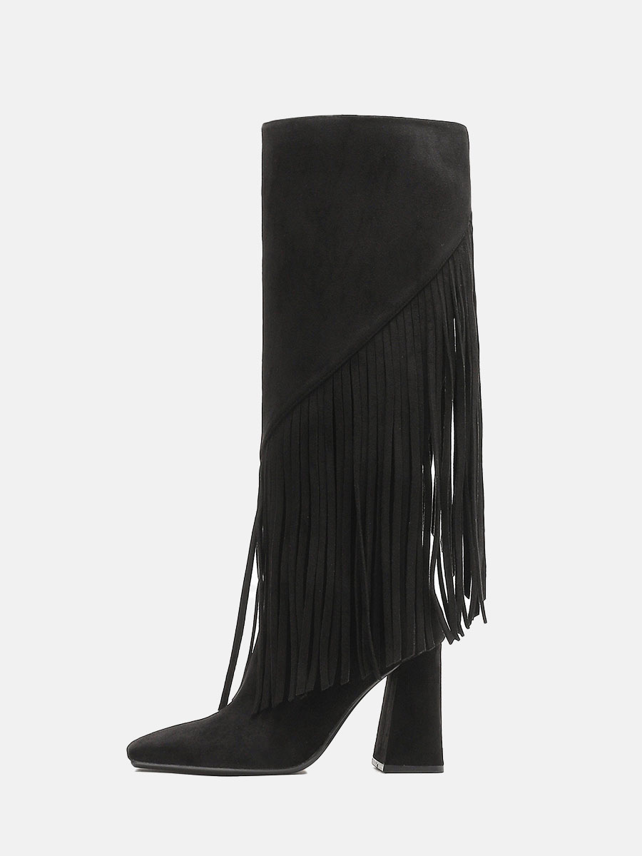 Women’s Black Suede Side Zipper Fringe Square Toe Block Heels Knee High Boots