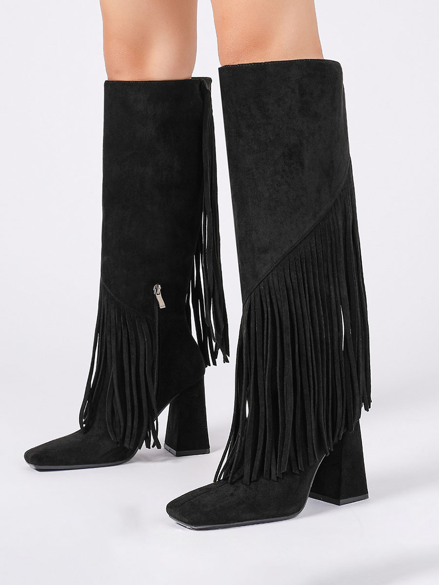Women’s Black Suede Side Zipper Fringe Square Toe Block Heels Knee High Boots (6)