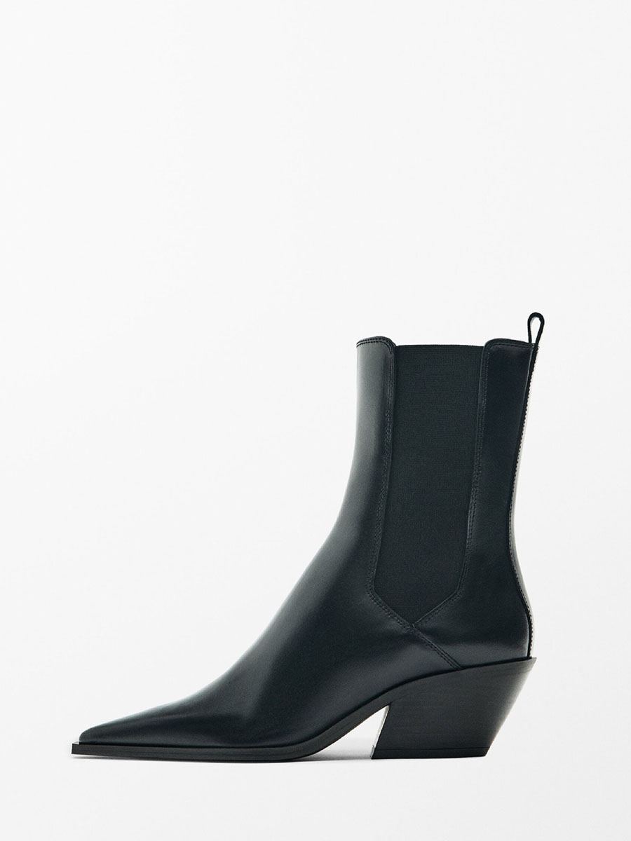 Women’s Black Leather Elastic Side Pointed Toe Block Heels Chelsea Ankle Boots