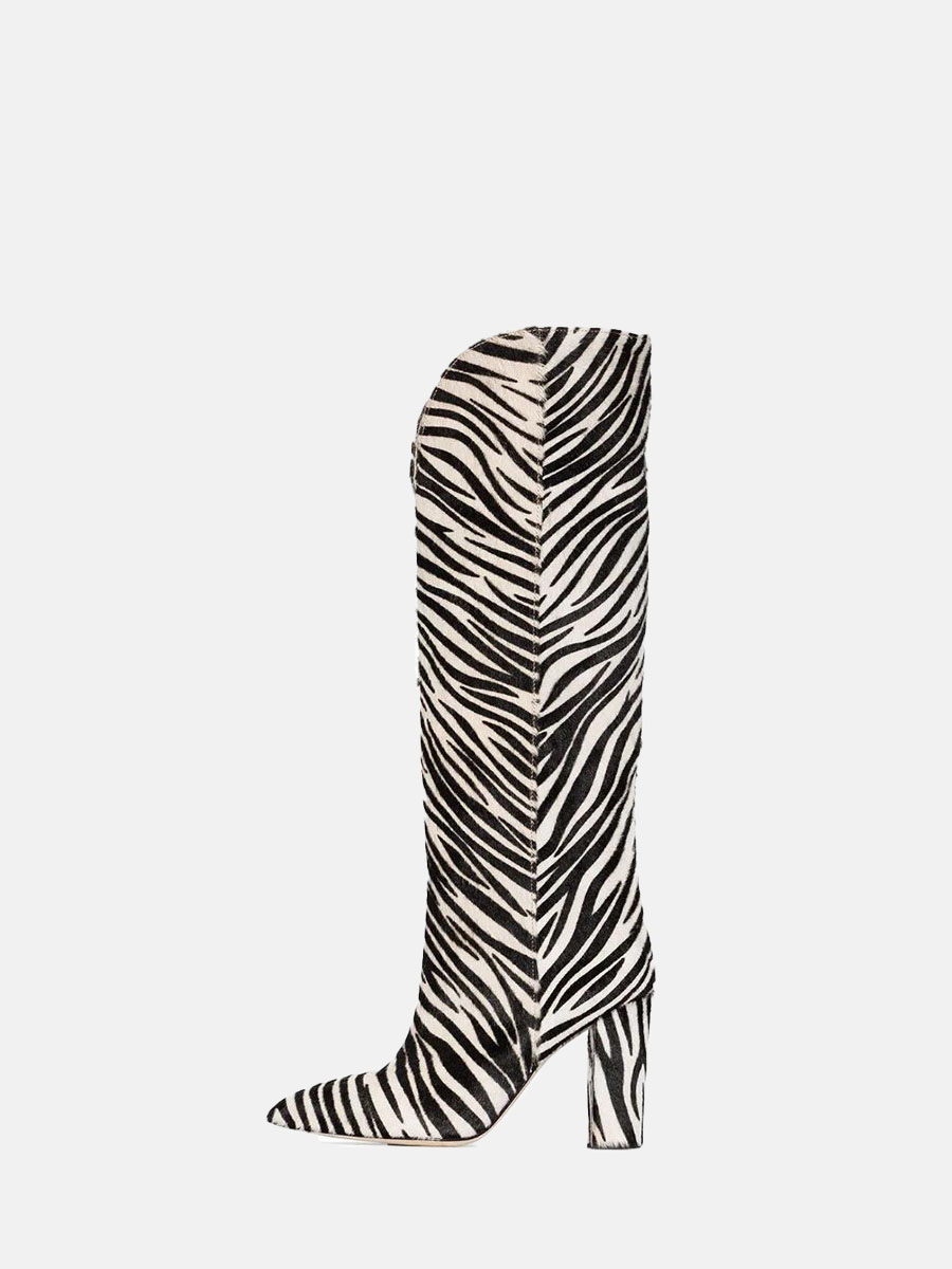 Women’s Black Velvet PU Zebra Print Block Heels Pointed Toe Knee High Boots