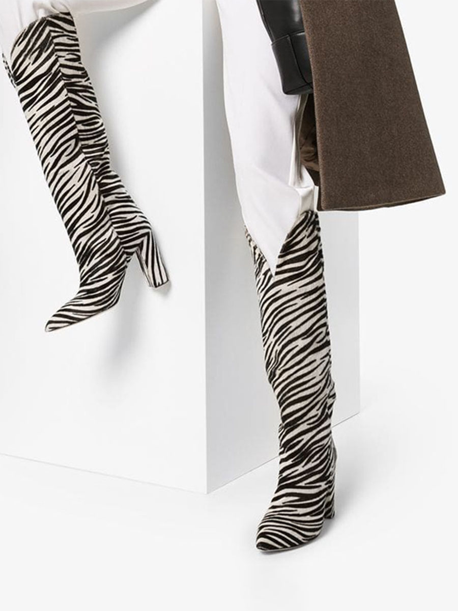 Women’s Black Velvet PU Zebra Print Block Heels Pointed Toe Knee High Boots (2)