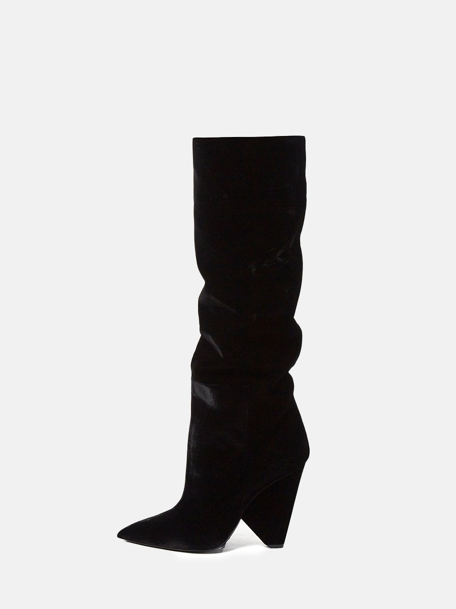 Women’s Black Velvet Side Zipper Pointed Toe Cone Heels Slouchy Knee High Boots