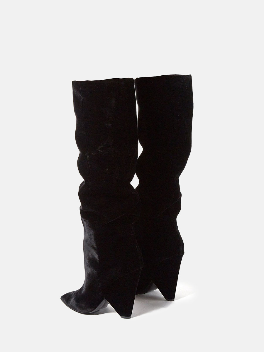 Women’s Black Velvet Side Zipper Pointed Toe Cone Heels Slouchy Knee High Boots (3)