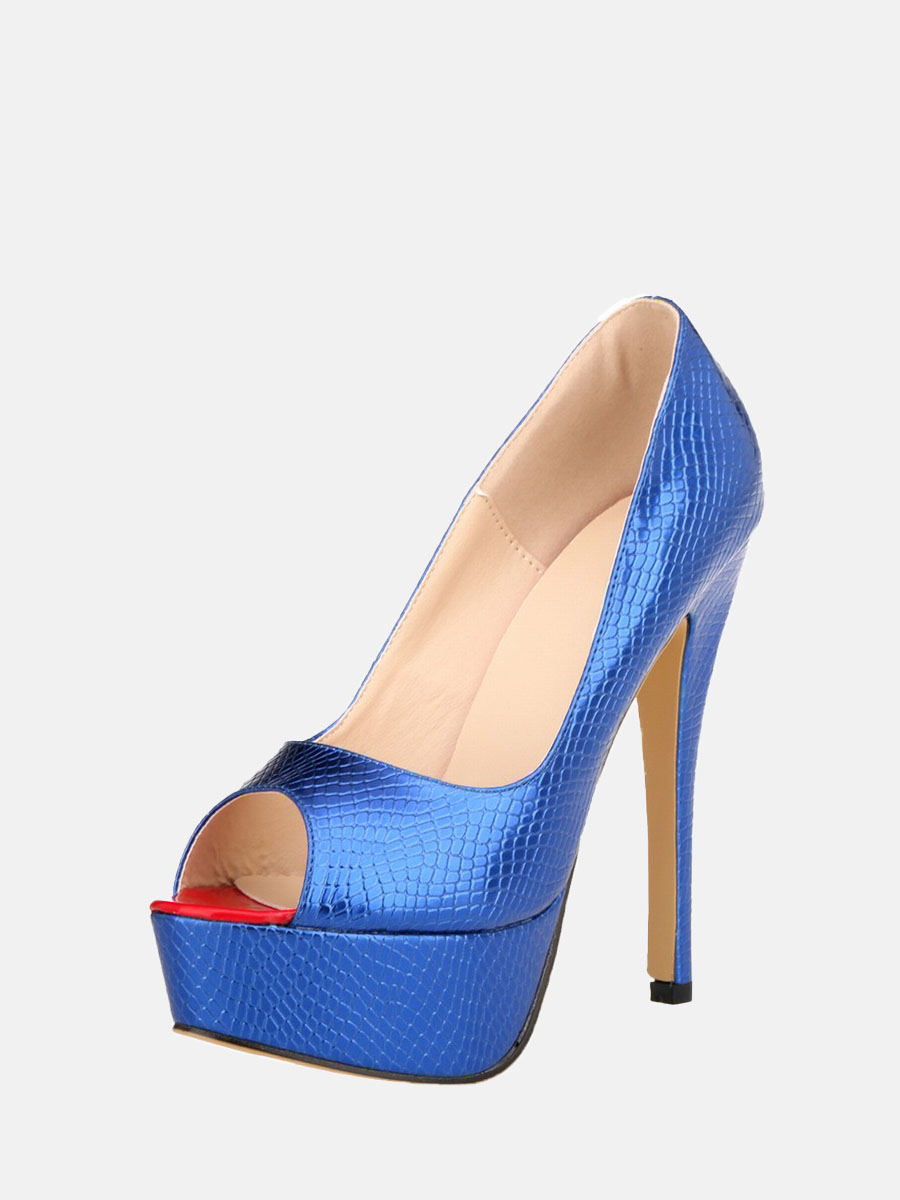 Women’s Blue Patent PU Crocodile Embossed Peep Toe Platform Stiletto Heels Wedding Pumps (2)