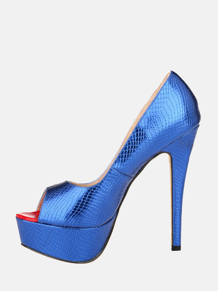 Women’s Blue Patent PU Crocodile Embossed Peep Toe Platform Stiletto Heels Wedding Pumps