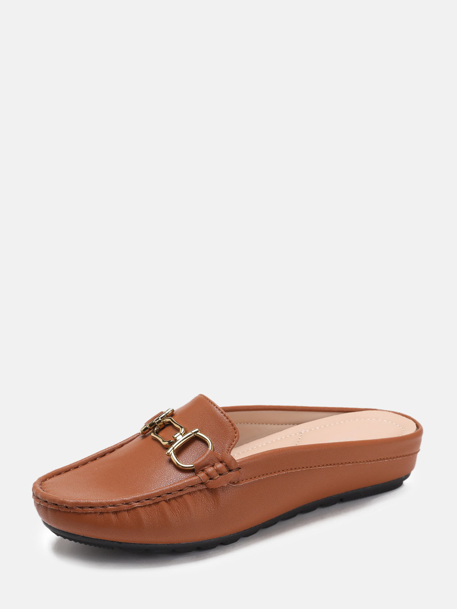 Women’s Brown PU Buckle Round Toe Flat Heels Loafers Mules
