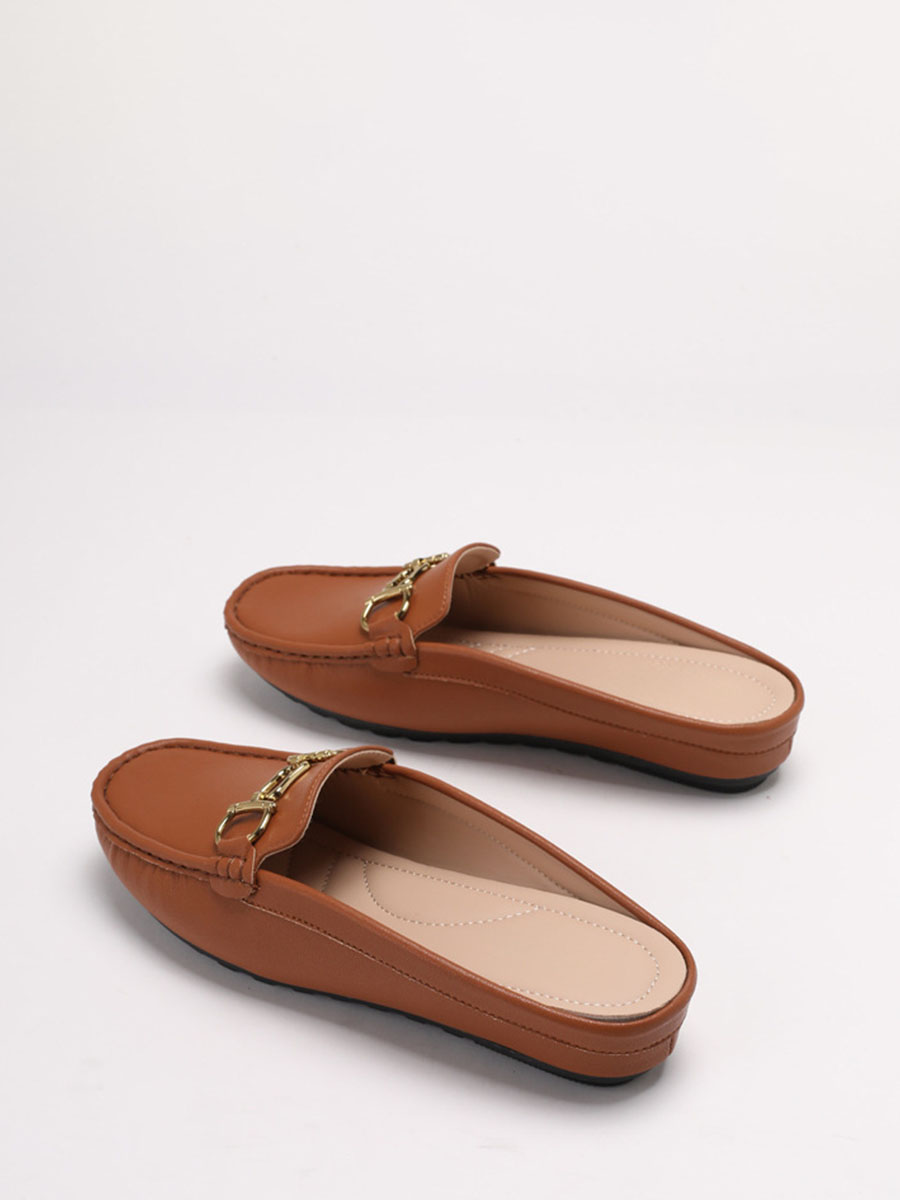 Women’s Brown PU Buckle Round Toe Flat Heels Loafers Mules (2)