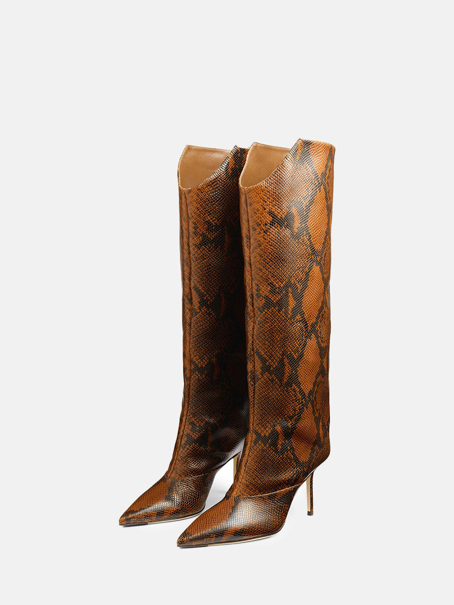 Women’s Brown PU Python Print Stiletto Heels Pointed Toe Mid Calf Boots (1)