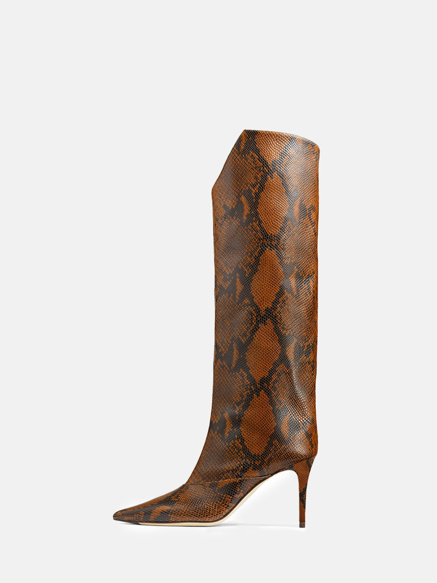 Women’s Brown PU Python Print Stiletto Heels Pointed Toe Mid Calf Boots