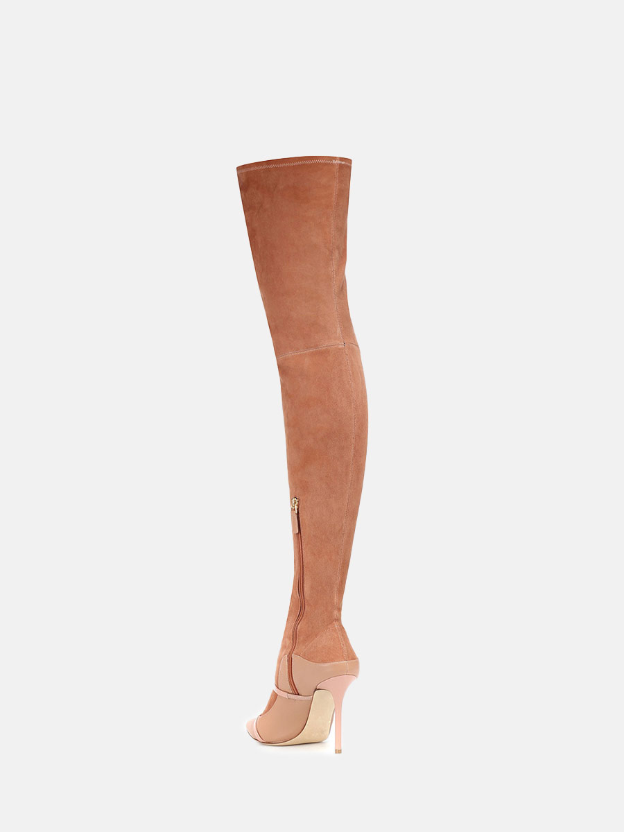 Women’s Brown PU Side Zipper Strappy Decoration Stiletto Heels Pointed Toe Over the Knee Boots (1)