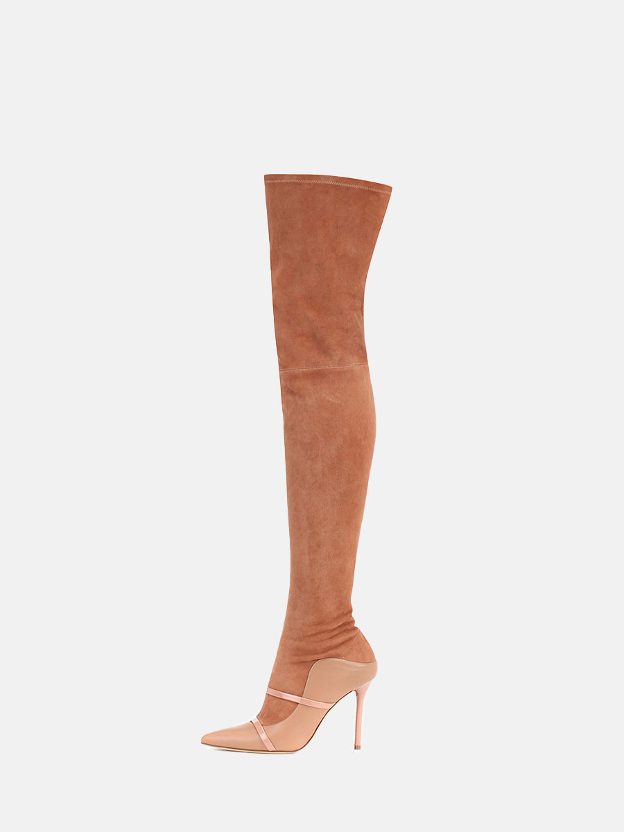 Women’s Brown PU Side Zipper Strappy Decoration Stiletto Heels Pointed Toe Over the Knee Boots