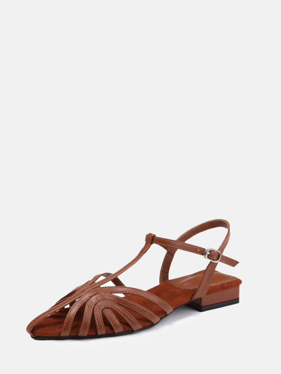 Women’s Brown PU Strappy T-Strap Buckle Low Block Heels Pointed Toe Gladiator Sandals