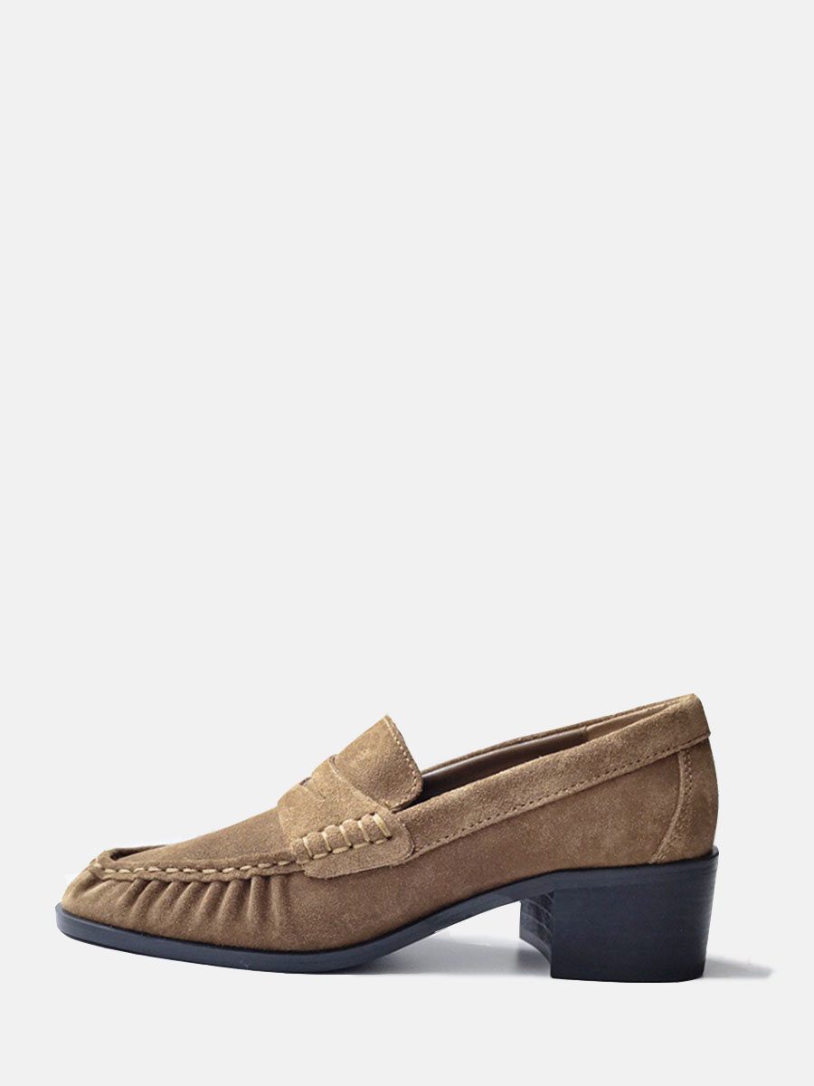 Women’s Brown Suede Cowhide Round Toe Pleated Detail Block Heels Loafers