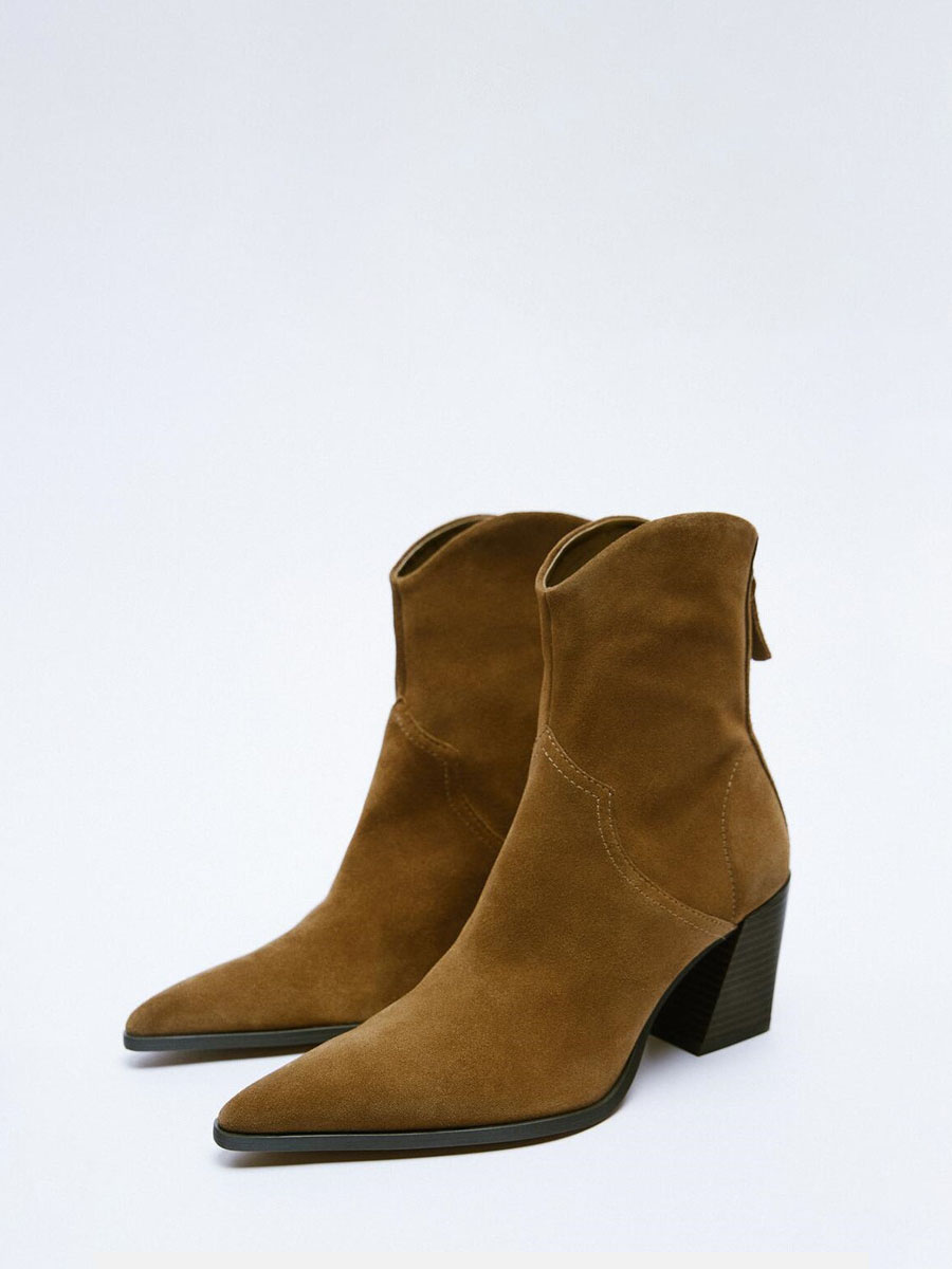 Women’s Brown Suede Microfiber Pointed Toe Back Zipper Block Heels Ankle Boots (1)