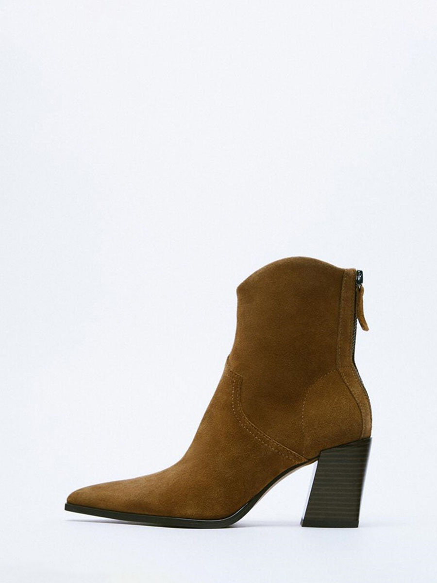 Women’s Brown Suede Microfiber Pointed Toe Back Zipper Block Heels Ankle Boots