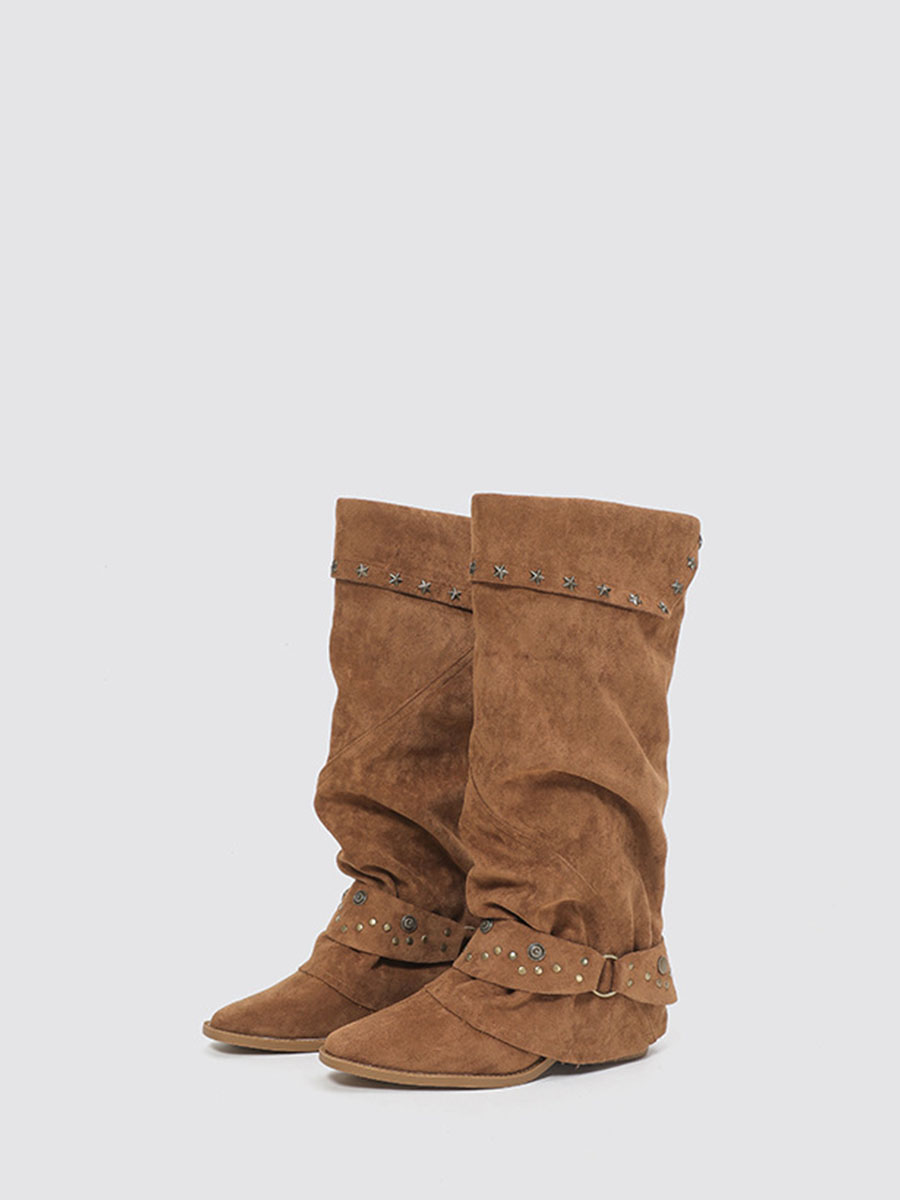 Women’s Brown Suede Studded Strap Buckle Pointed Toe Block Heels Mid Calf Slouchy Boots