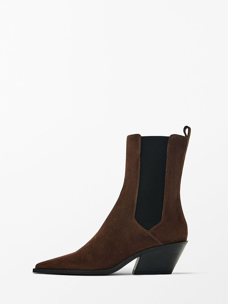 Women’s Brown Suede Synthetic Pointed Toe Block Heels Ankle Chelsea Boots