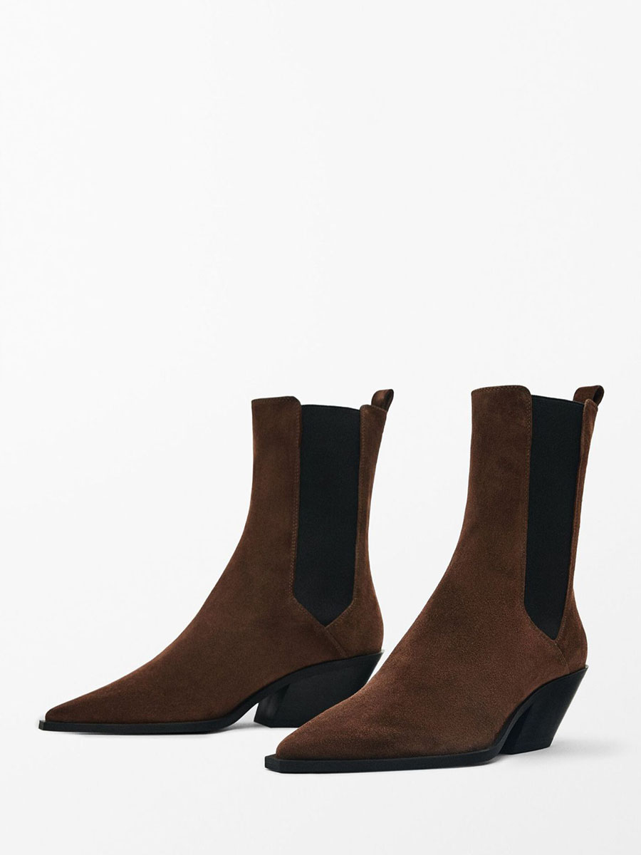 Women’s Brown Suede Synthetic Pointed Toe Block Heels Ankle Chelsea Boots (2)