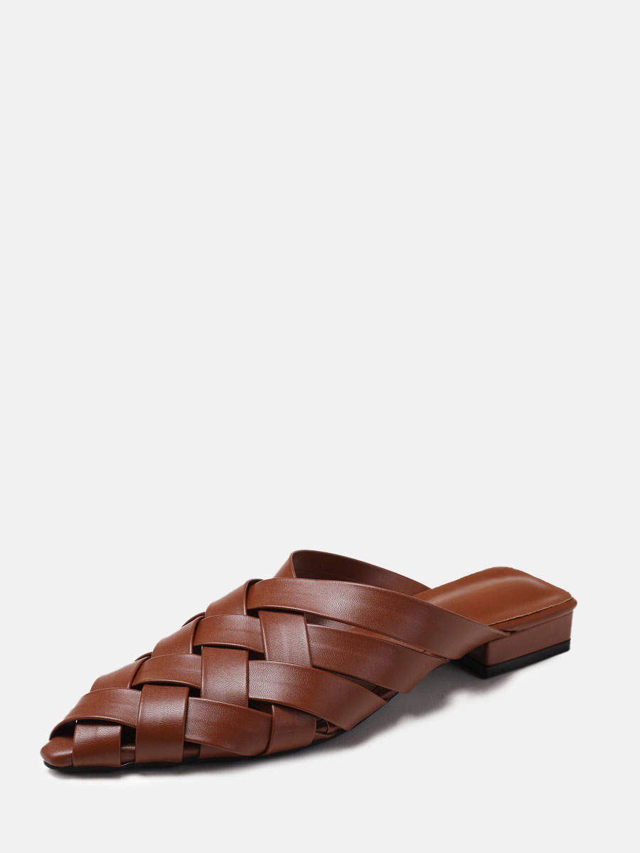 Women’s Brown Woven PU Pointed Toe Block Heels Mules