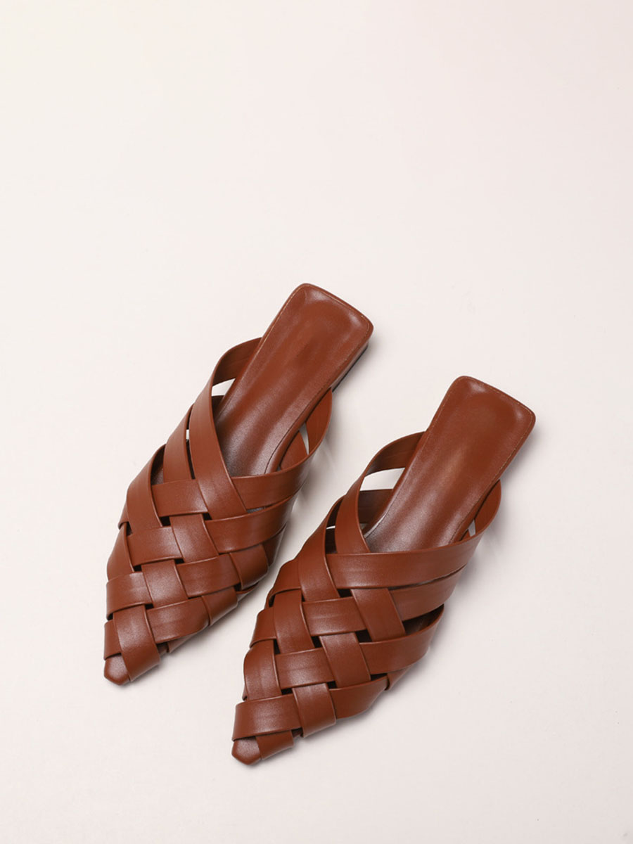 Women’s Brown Woven PU Pointed Toe Block Heels Mules (2)