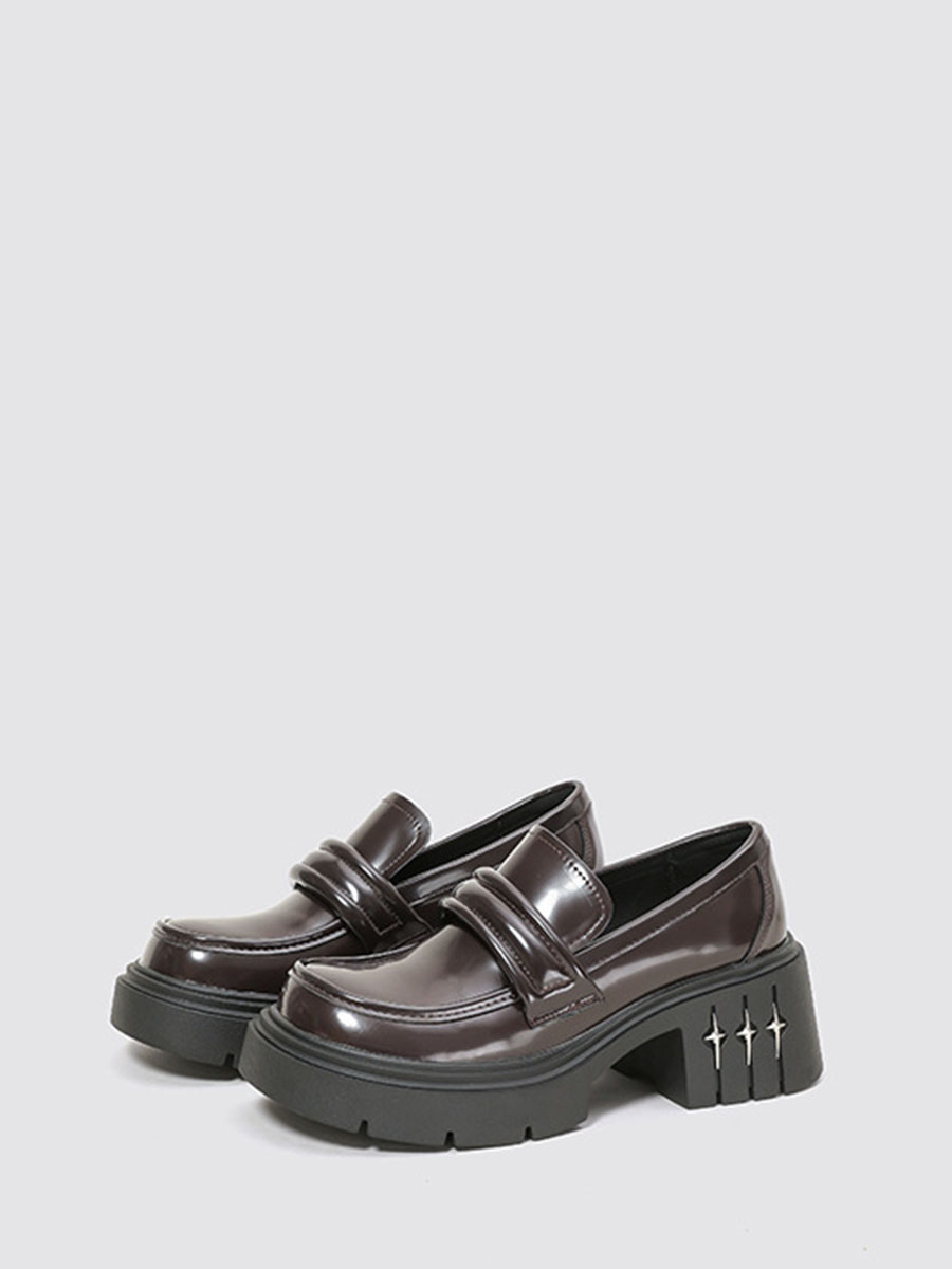 Women’s Coffee Cowhide Round Toe Lug Sole Platform Chunky Heels Studded Detail Loafers